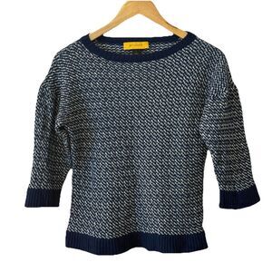 St. John Petite P Small Navy Ivory Wool Blend Knit Sweater 3/4 Sleeve